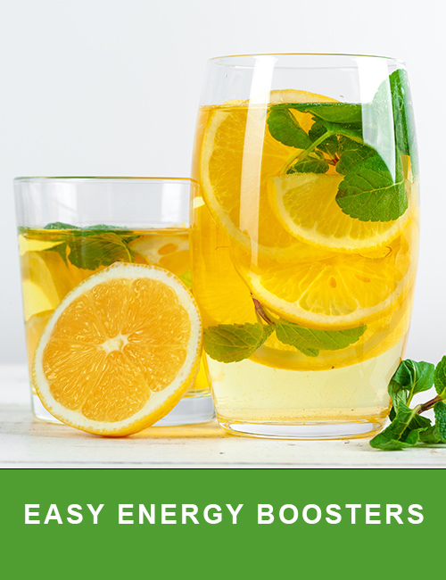 Two glasses of lemon and mint-infused water on a white surface with text reading "Easy Energy Boosters" below.